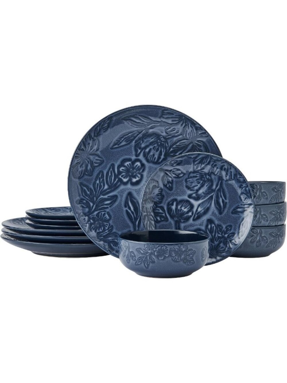 Floral Stoneware Dinnerware Set, 12 Piece, Service for 4, Blue Garden Design